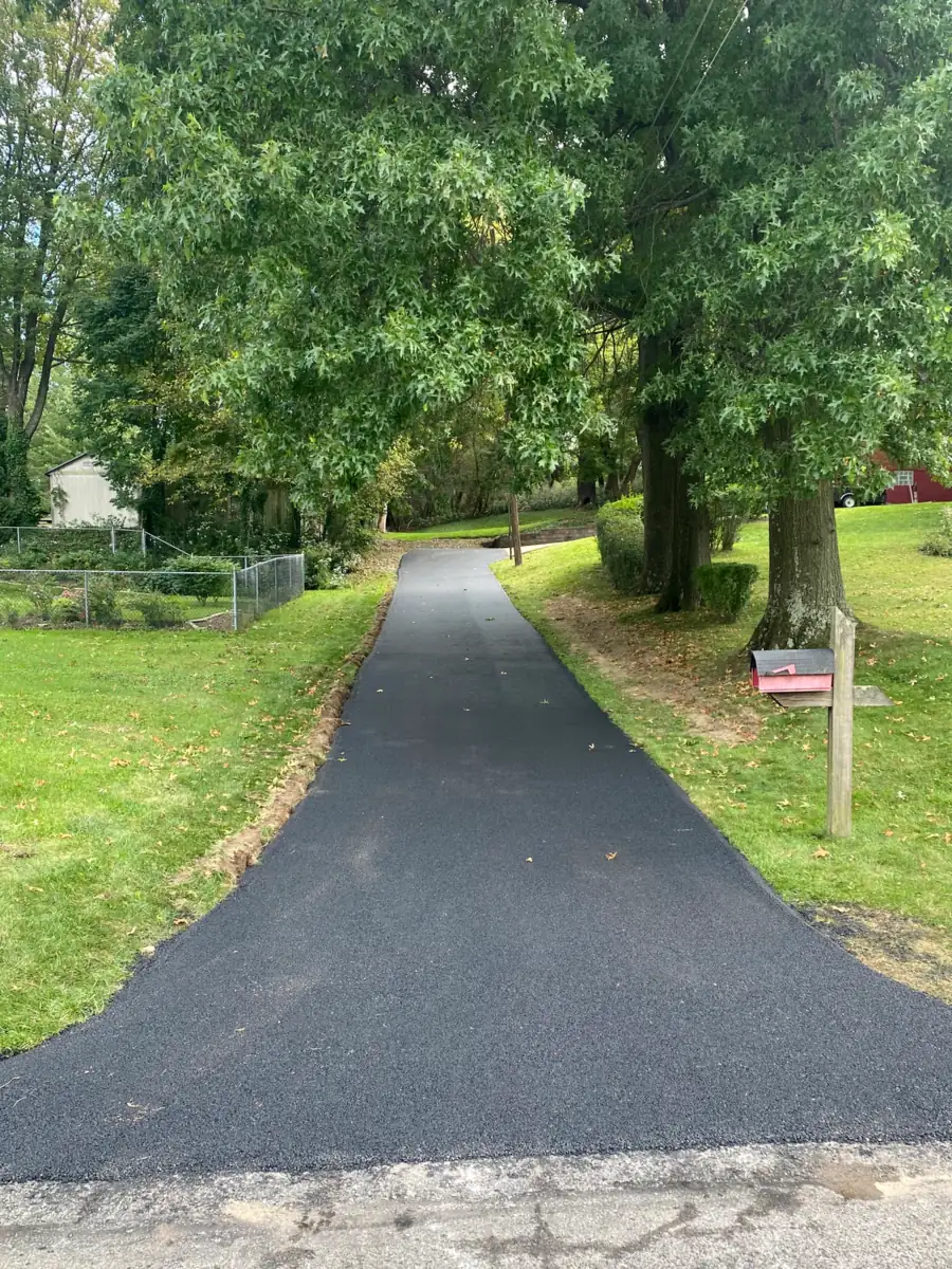 Narrow new asphalt driveway running between green lawns under big shade trees